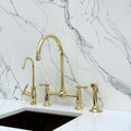 Unlacquered Brass Bridge Kitchen Faucet: Vintage Style with Sprayer & Cold Water Tap