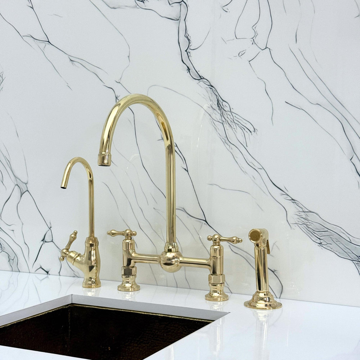 Unlacquered Brass Bridge Kitchen Faucet: Vintage Style with Sprayer & Cold Water Tap