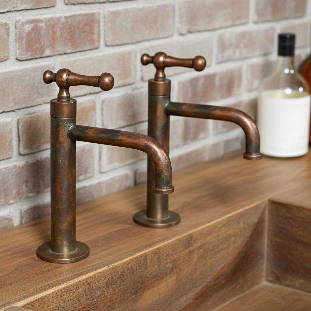 Vintage Copper Bathroom Faucets Set – Hot & Cold Basin Taps, Rustic Farmhouse Vanity Fixtures