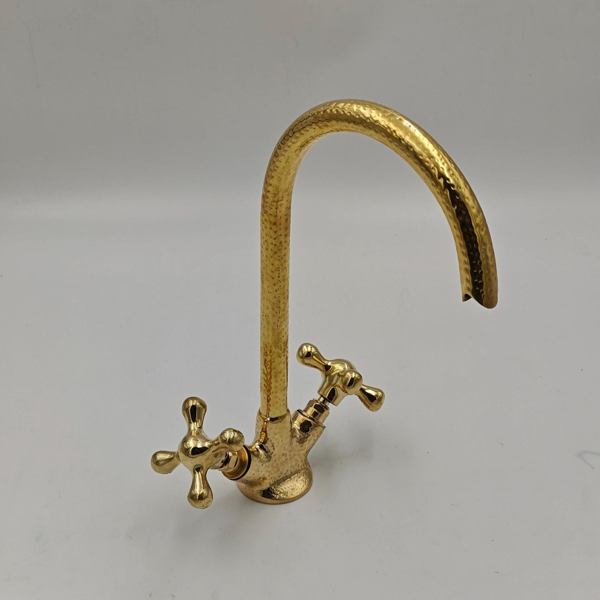Unlacquered Brass Hammered Faucet, Single Hole Kitchen Mixer Tap, High Arc Gooseneck Sink Faucet, Dual Cross Handle Hard