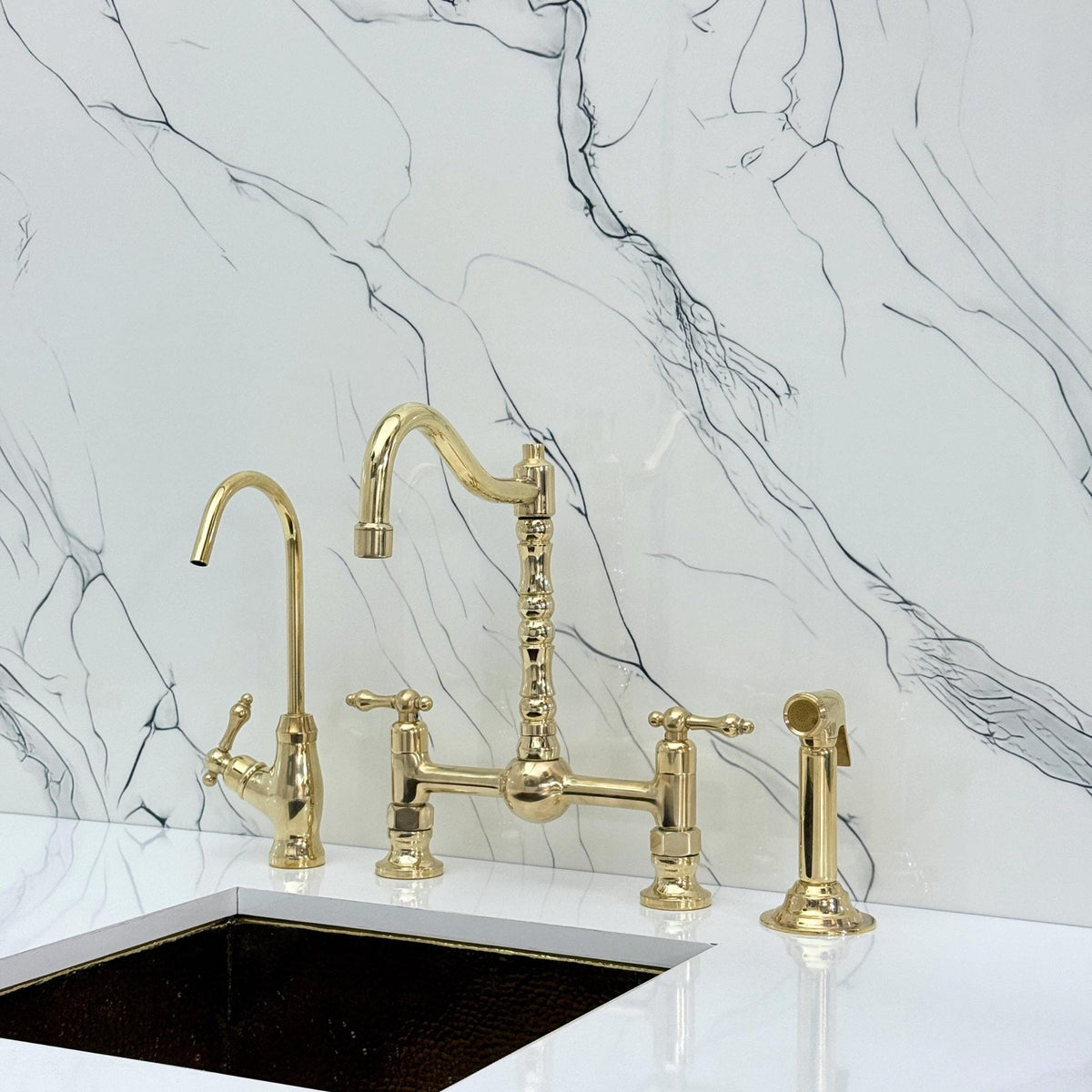 Unlacquered Brass Victorian Bridge Kitchen Faucet with Side Sprayer