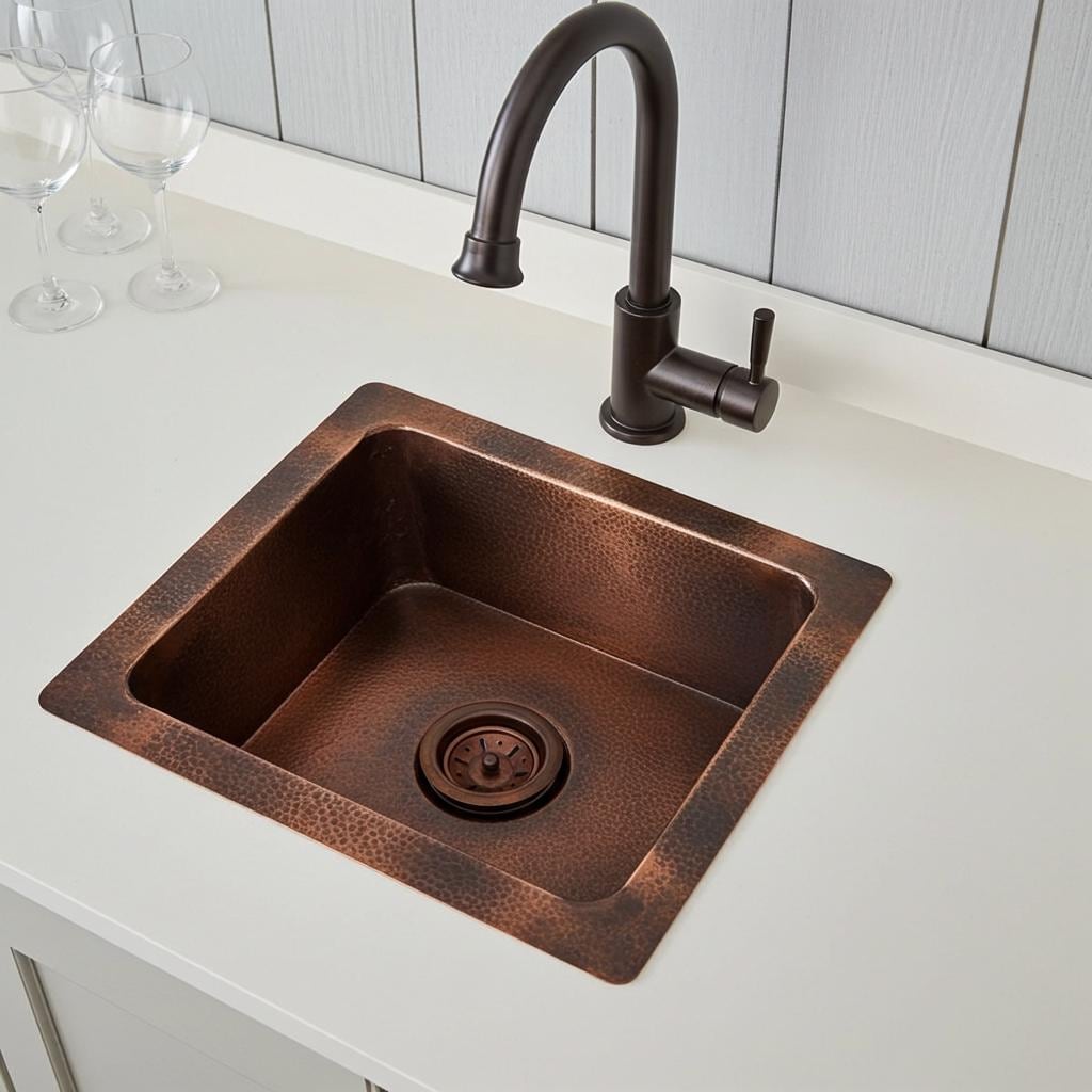 Hammered Copper Bar Sink – Rustic Square Drop-In Basin for Kitchen or Prep Area