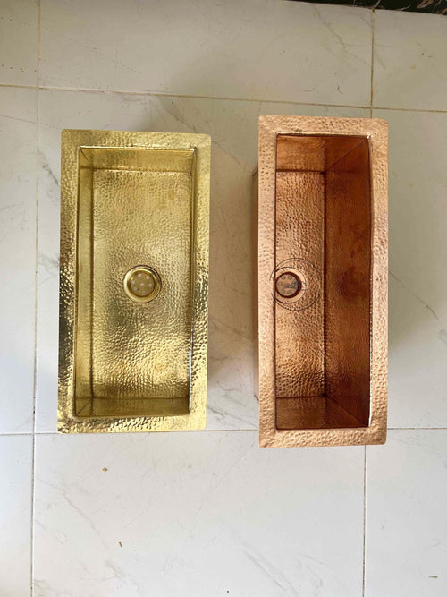 18" Rectangular Copper Kitchen Sink – Handmade Hammered Farmhouse Basin, Moroccan Design Brass Sink, Available in Brass 