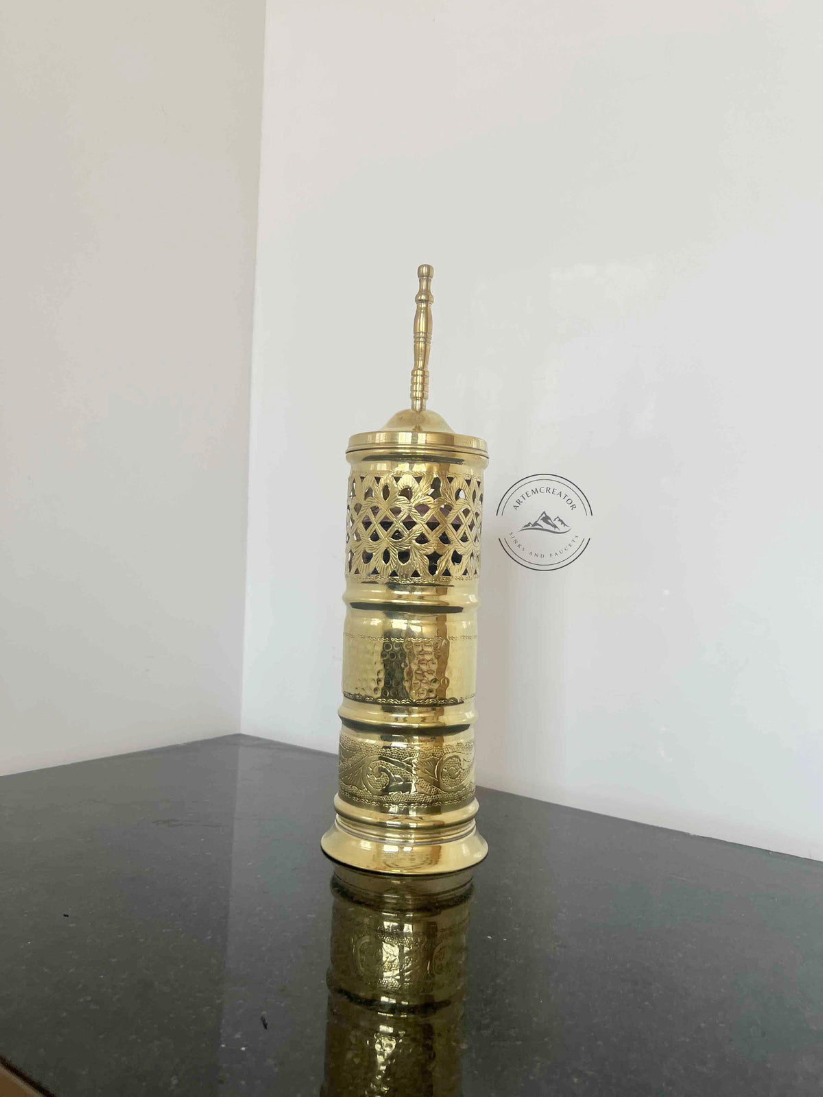 Handmade Brass Trash Bin – Pure Brass Wastebasket with Moroccan Engraving, Decorative Brass Trash Can for Home or Office
