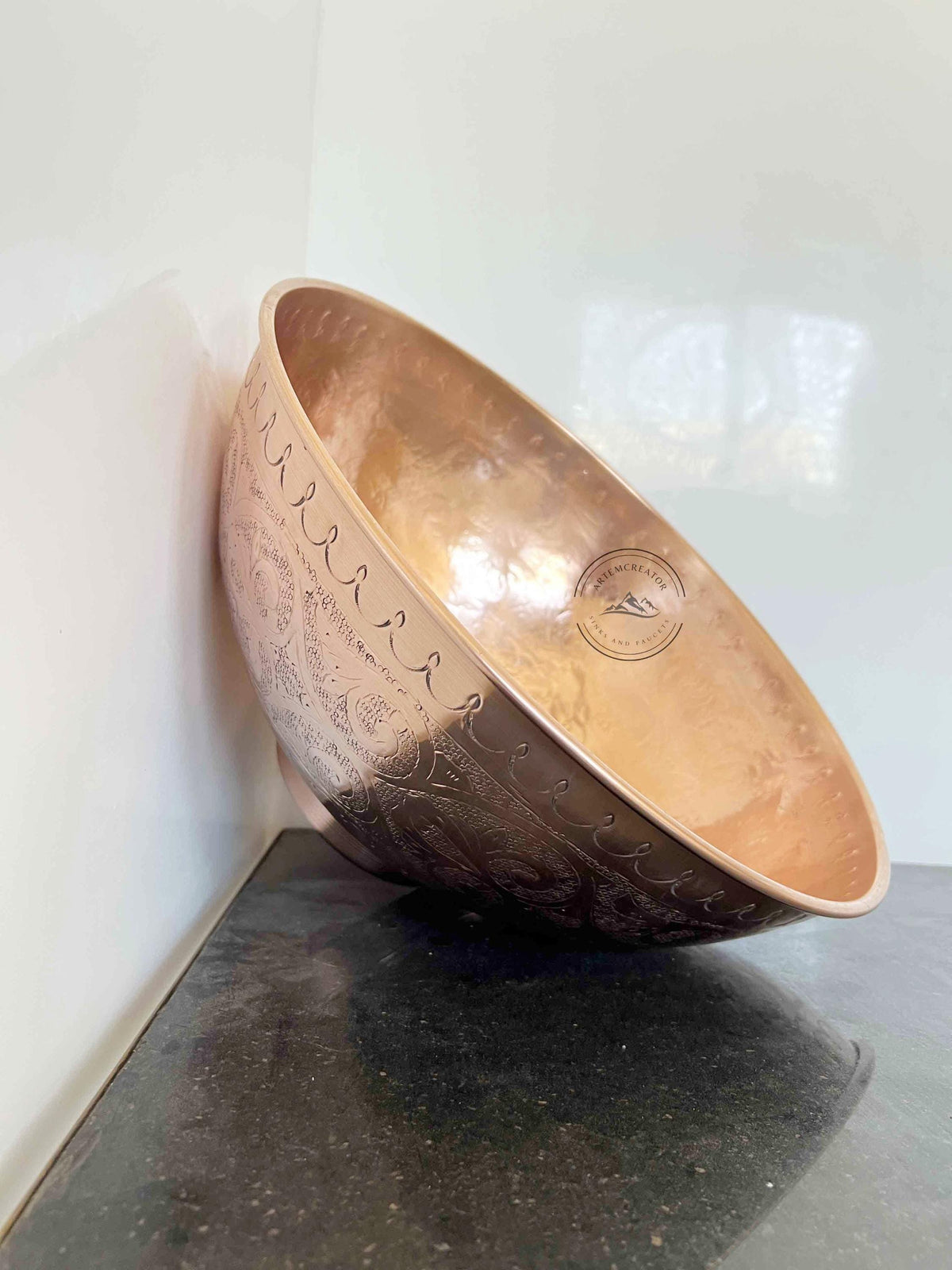 Round Copper Vessel Sink – Handmade Hammered Copper Bathroom Basin, Rustic Vanity Bowl