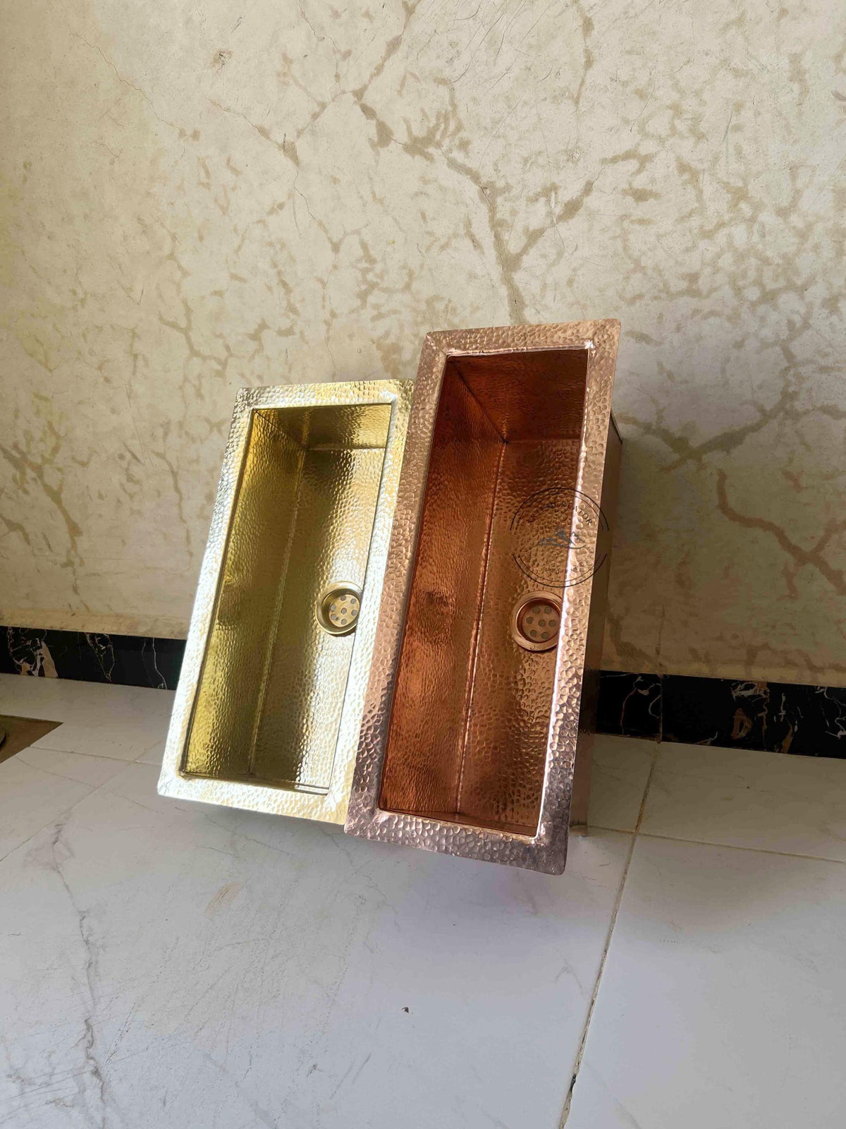 Rectangular Copper Kitchen Sink – Farmhouse Basin, Moroccan Hammered – Available in Brass or Copper