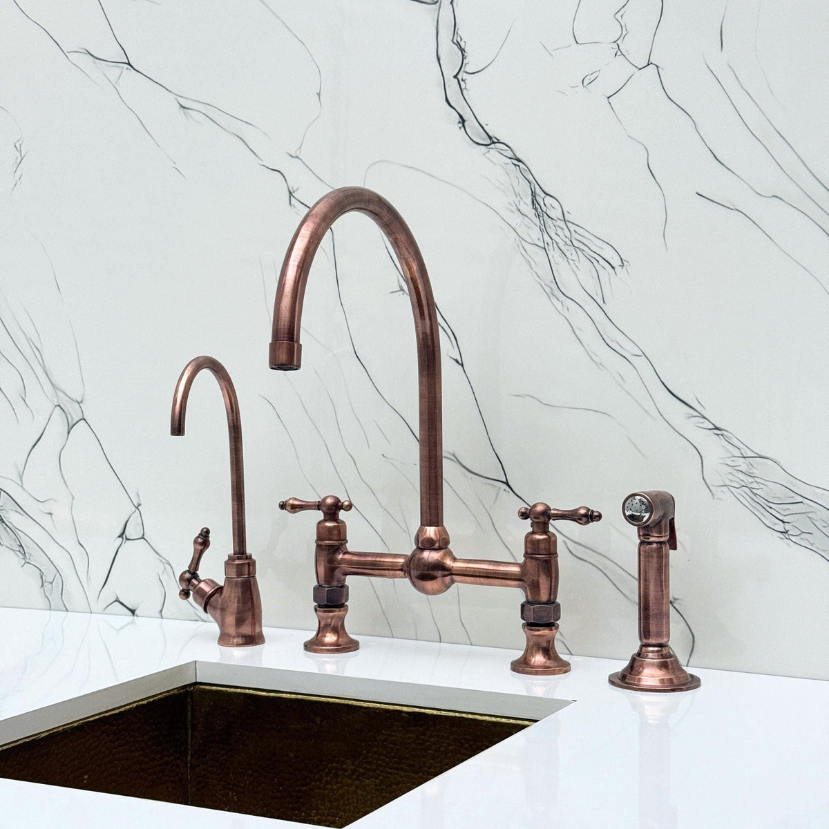 Antique Copper Kitchen Bridge Faucet with Sprayer and Cold Water Tap