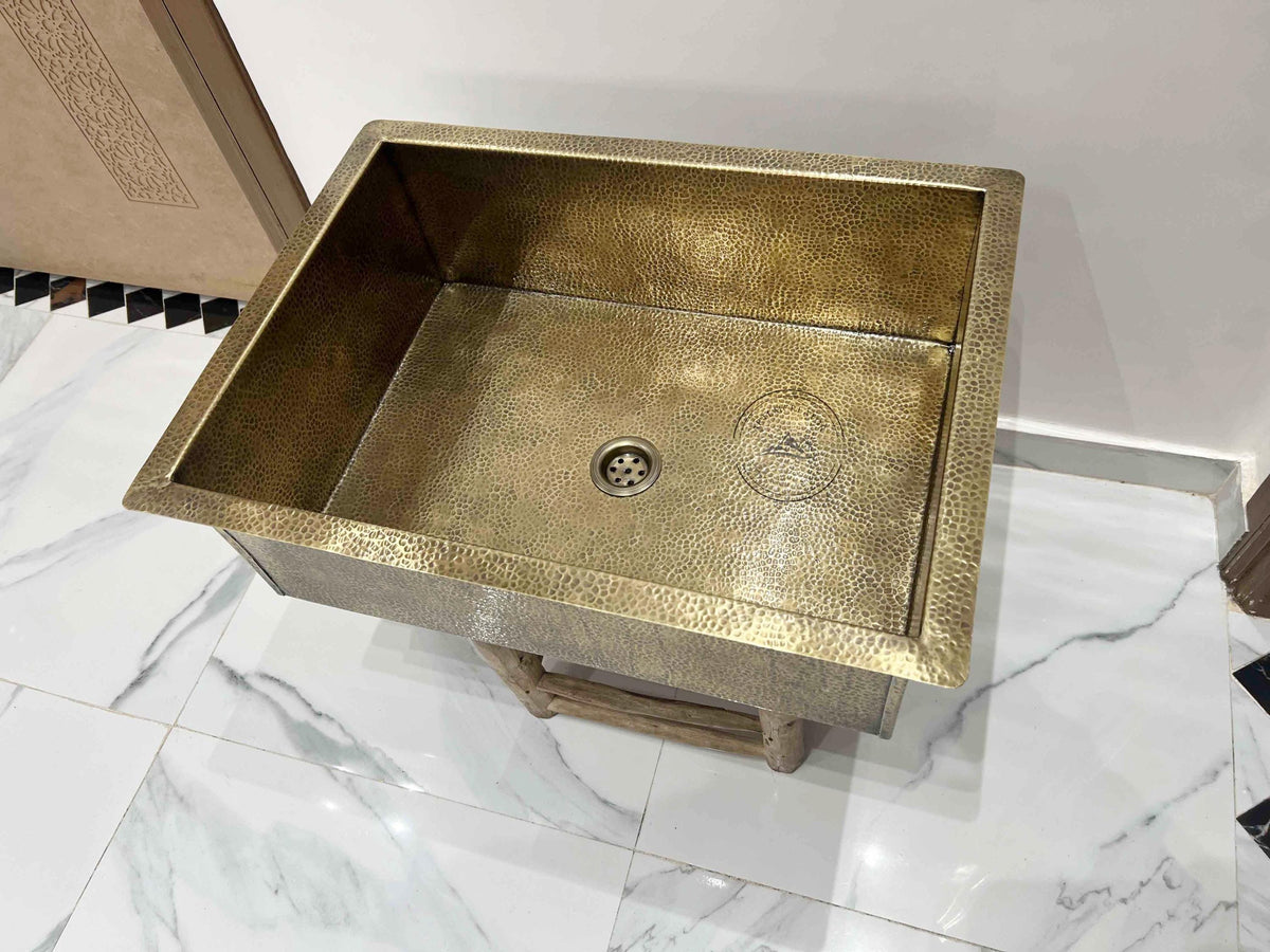 Square Brass Kitchen Sink – Handmade Brass Utility Basin, Moroccan Rustic Style Fixture