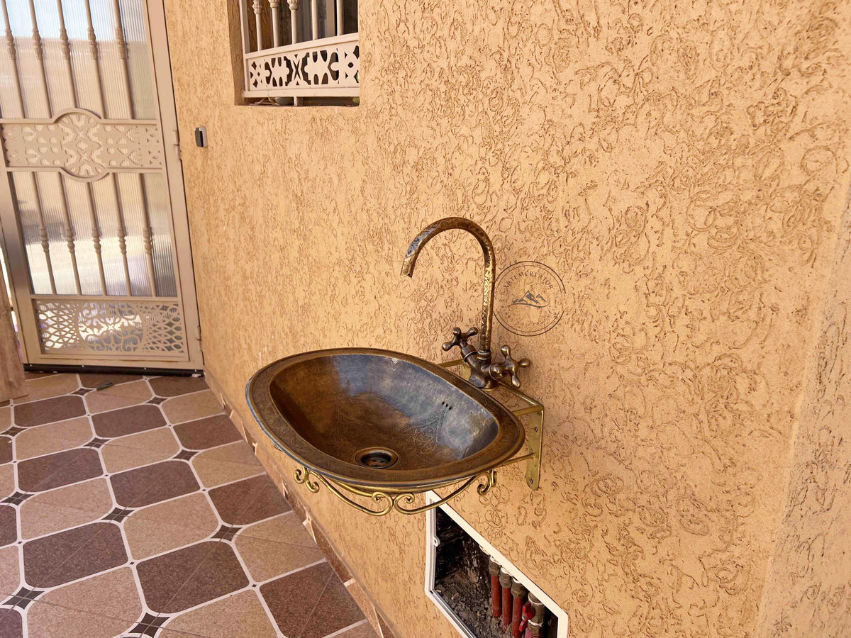 19" Oval Brass Bathroom Sink – Moroccan Hammered Brass Vessel Basin, Rustic Vanity Bowl