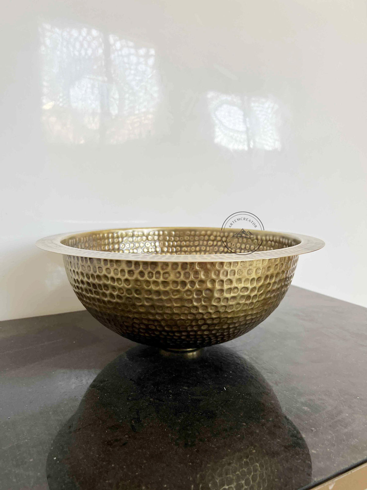 Round Brass Vessel Sink – Handmade Hammered Yellow Brass Vanity Bowl, Rustic Moroccan Basin