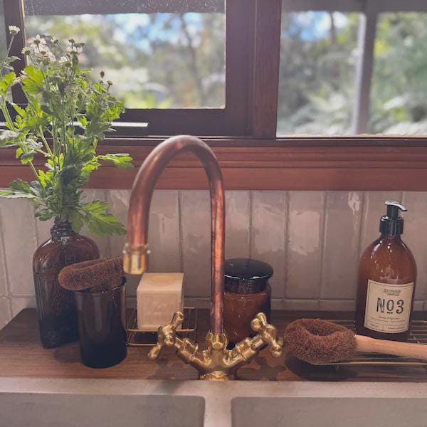 Copper Spout & Unlacquered Brass Kitchen Faucet – Gooseneck, Cross Handles, Farmhouse Sink Tap, Solid Brass