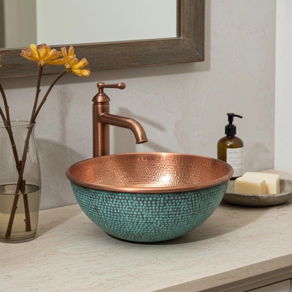 Hammered Copper Bathroom Sink with Turquoise Inlay – Artisan Vessel Basin for Vanity