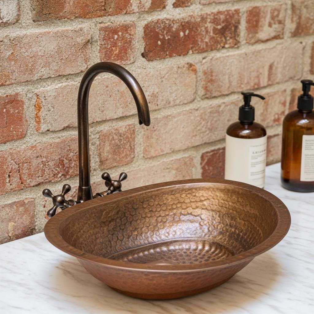 Hammered Copper Oval Vessel Sink – Aged Copper Bathroom Countertop Basin