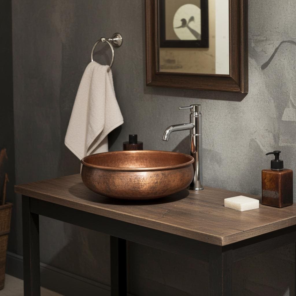 Rustic Copper Vessel Sink – Handcrafted Dark Brown Bathroom Washbasin, Hammered Farmhouse Countertop Basin
