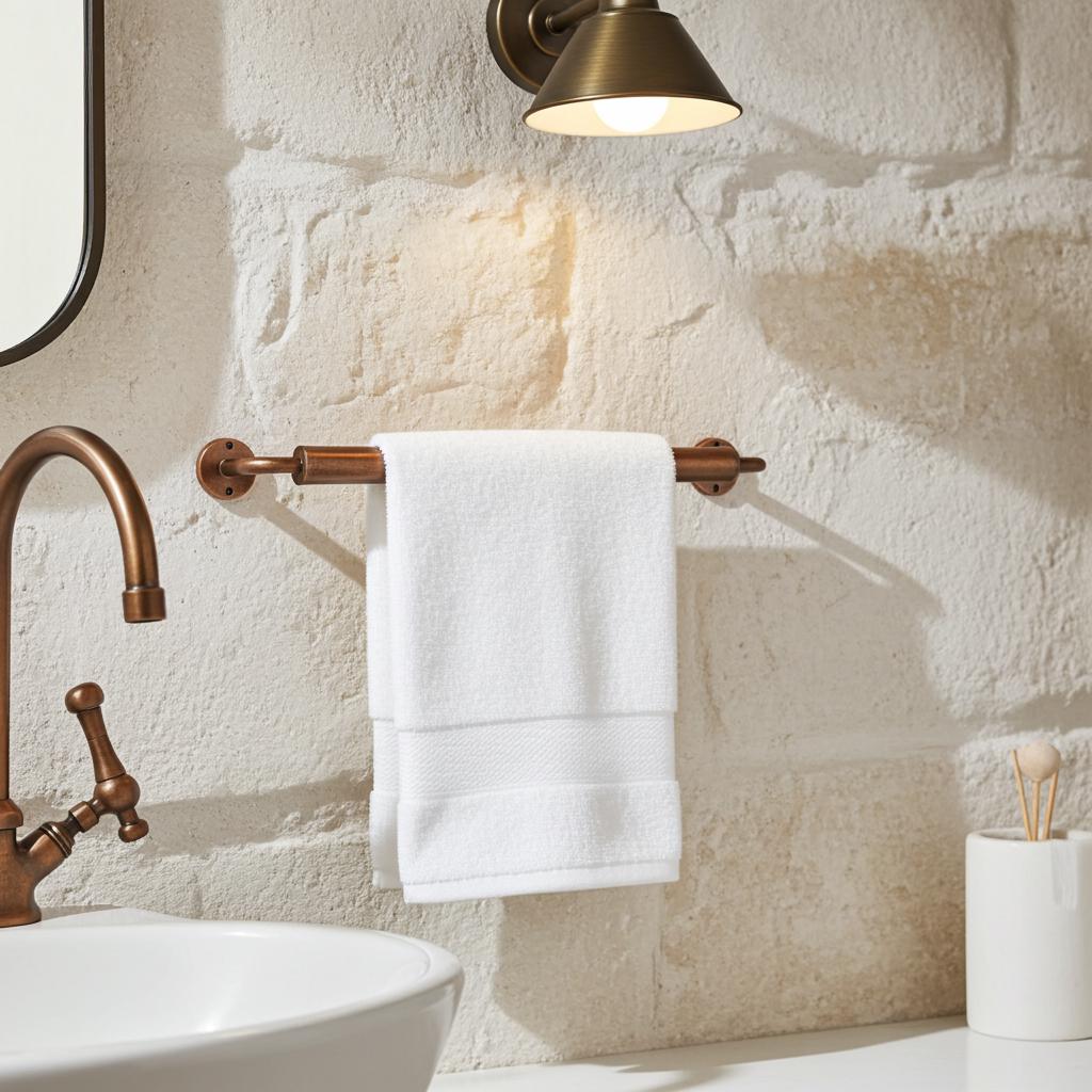 Handcrafted Aged Copper Towel Bar: Rustic Bathroom Hardware