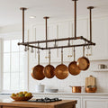 Handmade Aged Copper Ceiling Pot Rack: Rustic Kitchen Rail with Hooks