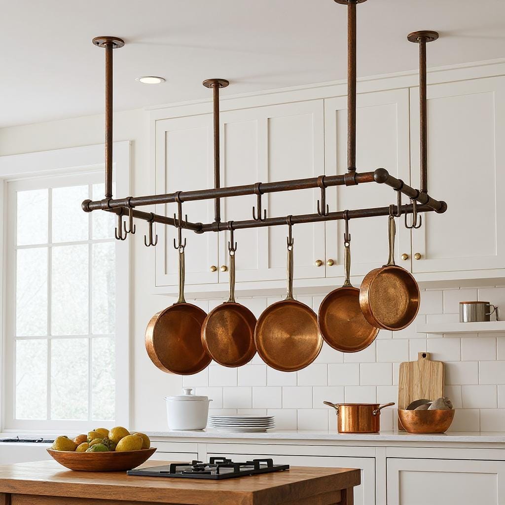 Handmade Aged Copper Ceiling Pot Rack: Rustic Kitchen Rail with Hooks