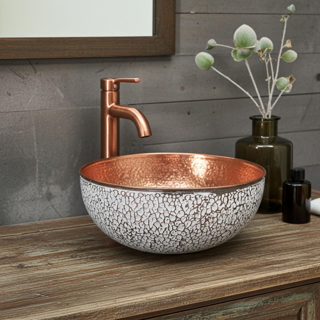 White Hammered Copper Vessel Sink – Round Bathroom Vanity Basin, Unique Rustic Wash Bowl