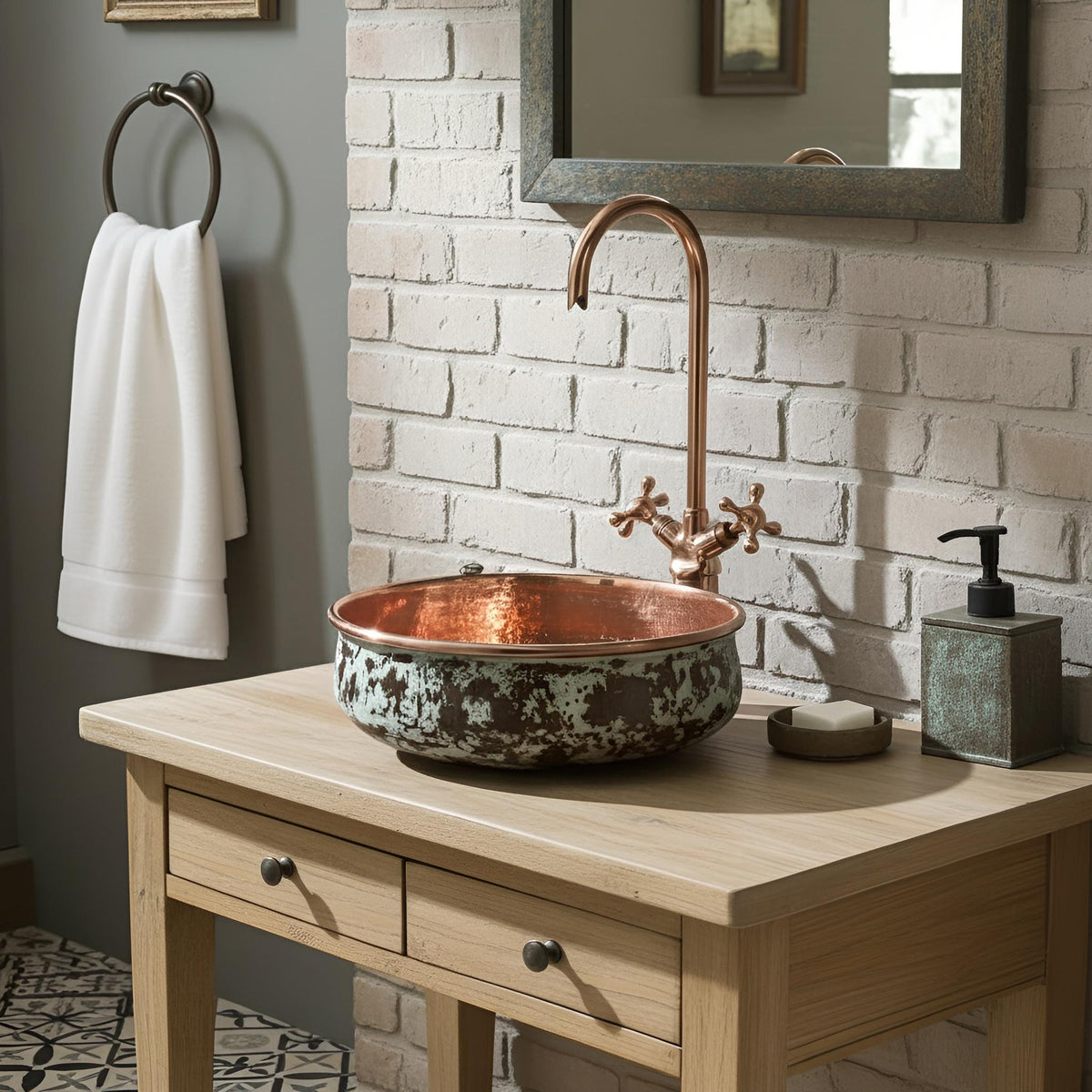 Rustic Copper Vessel Sink – White Patina Hand Hammered Bathroom Basin