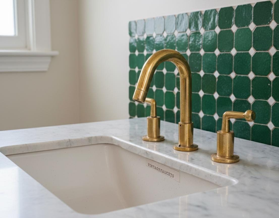 Unlacquered Brass Widespread Faucet: 3-Hole Deck Mount Bathroom Tap, Vintage Solid Brass