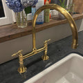 Unlacquered Brass Bridge Kitchen Faucet: 2-Handle Deck Mount With Brass Sprayer