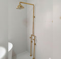 Unlacquered Brass Exposed Pipe Shower System, Wall Mounted Rain Shower Head, Floor Inlets Bathroom Mixer, Dual Cross Han