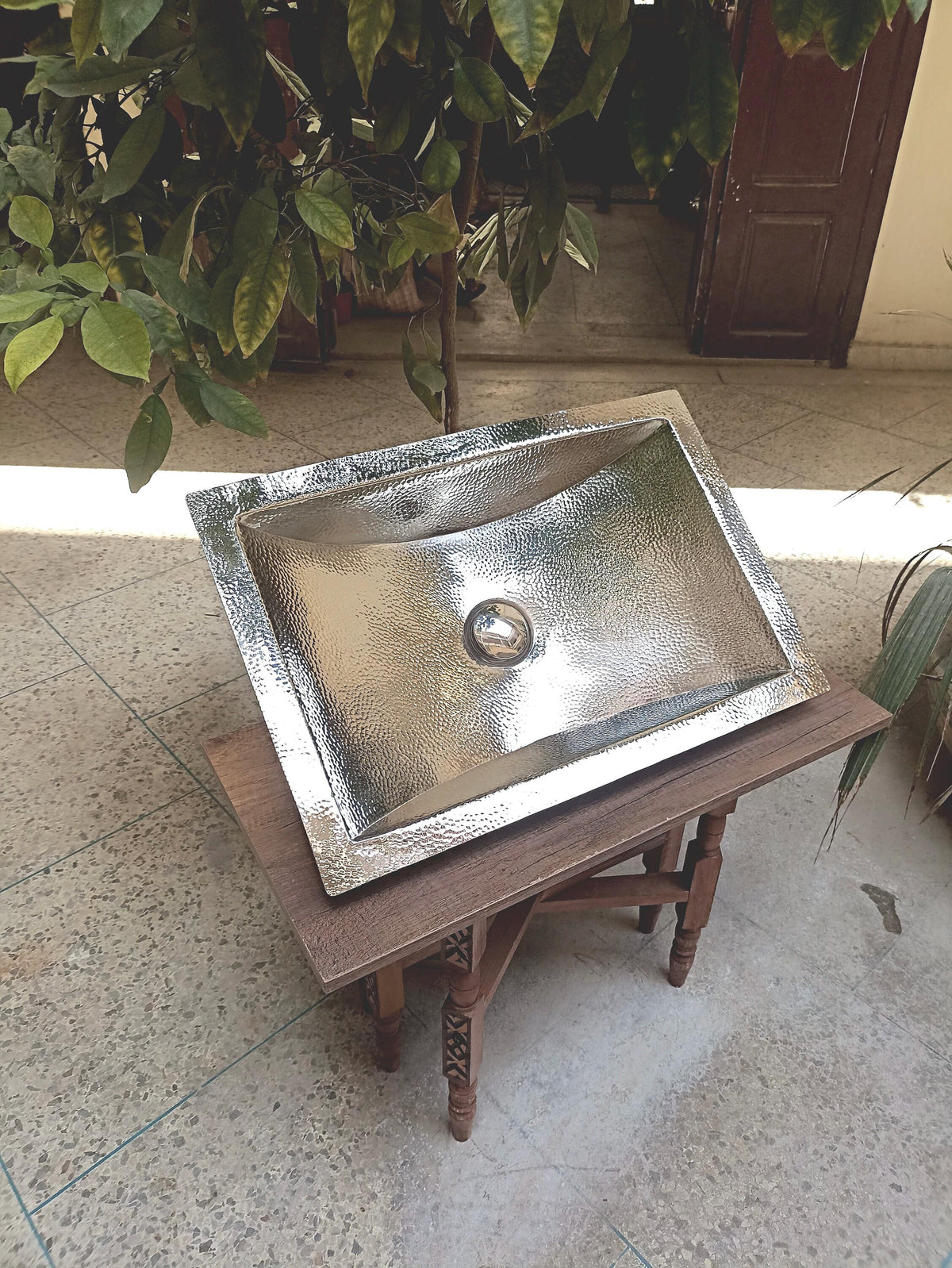 Handcrafted Hammered Brass Sink with Silver Finish