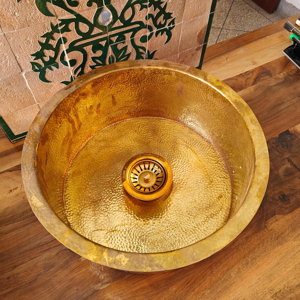 Handmade Hammered Brass Sink, Unlacquered Round Vessel Washbasin, Moroccan Bar Prep Basin