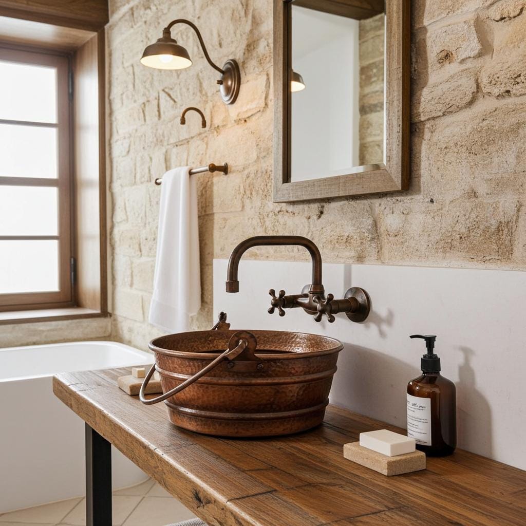 Handcrafted Copper Bucket Vessel Sink – Rustic Hammered Bathroom Basin with Handle