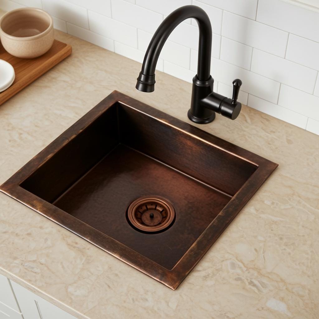Vintage Copper Kitchen Sink – Hammered Rustic Bar or Prep Sink, Handcrafted Undermount Basin