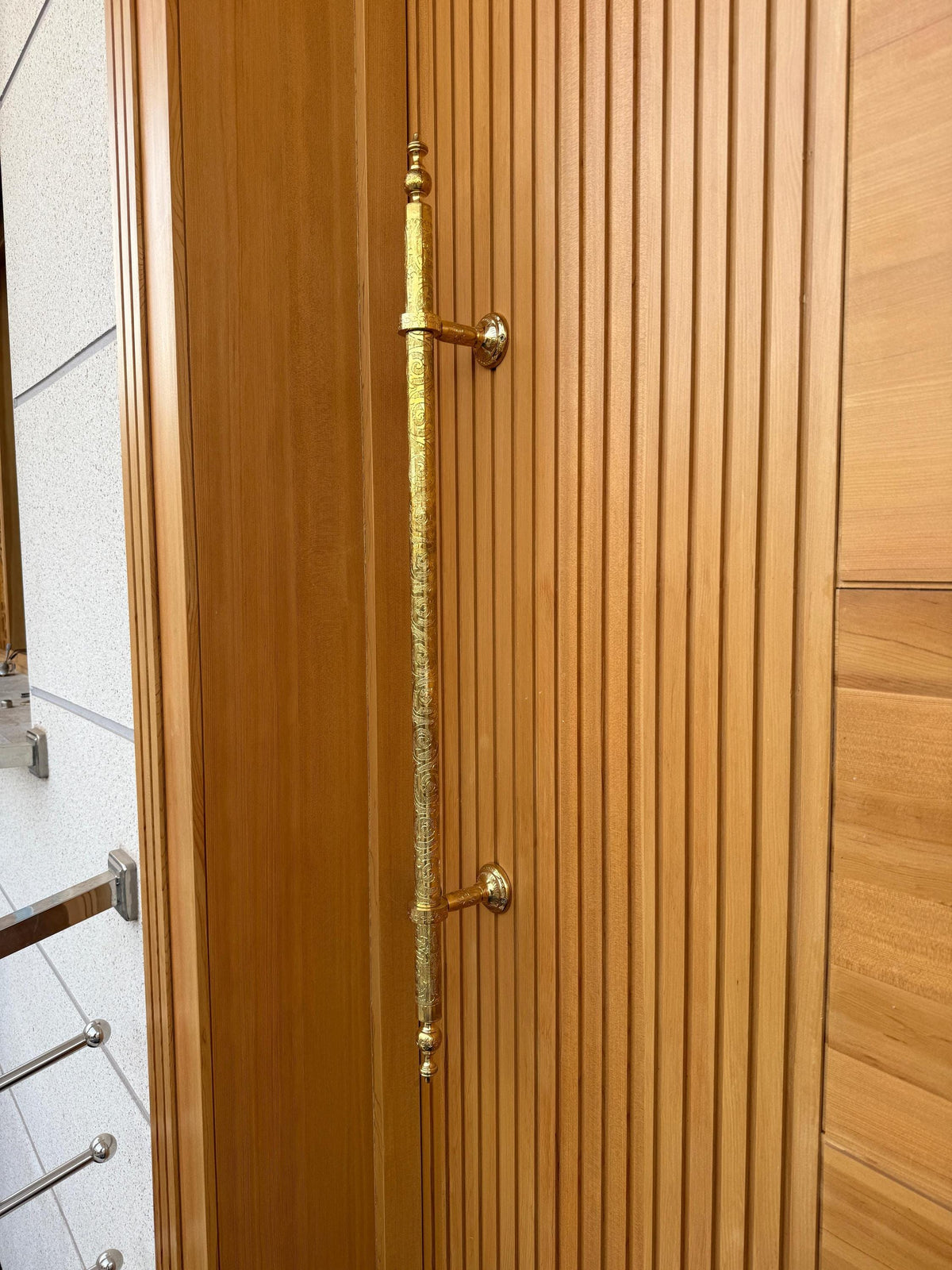 Handmade Unlacquered Brass Door Pull: Engraved Moroccan Hardware
