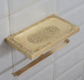 Solid Brass Shelf With TP Holder, Engraved Floating Shelf With Double Hooks, Bathroom Double Toilet Paper Holder With Sh