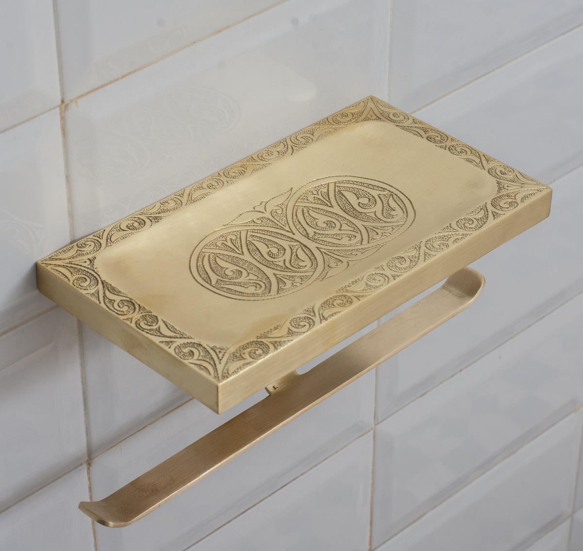 Solid Brass Shelf With TP Holder, Engraved Floating Shelf With Double Hooks, Bathroom Double Toilet Paper Holder With Sh