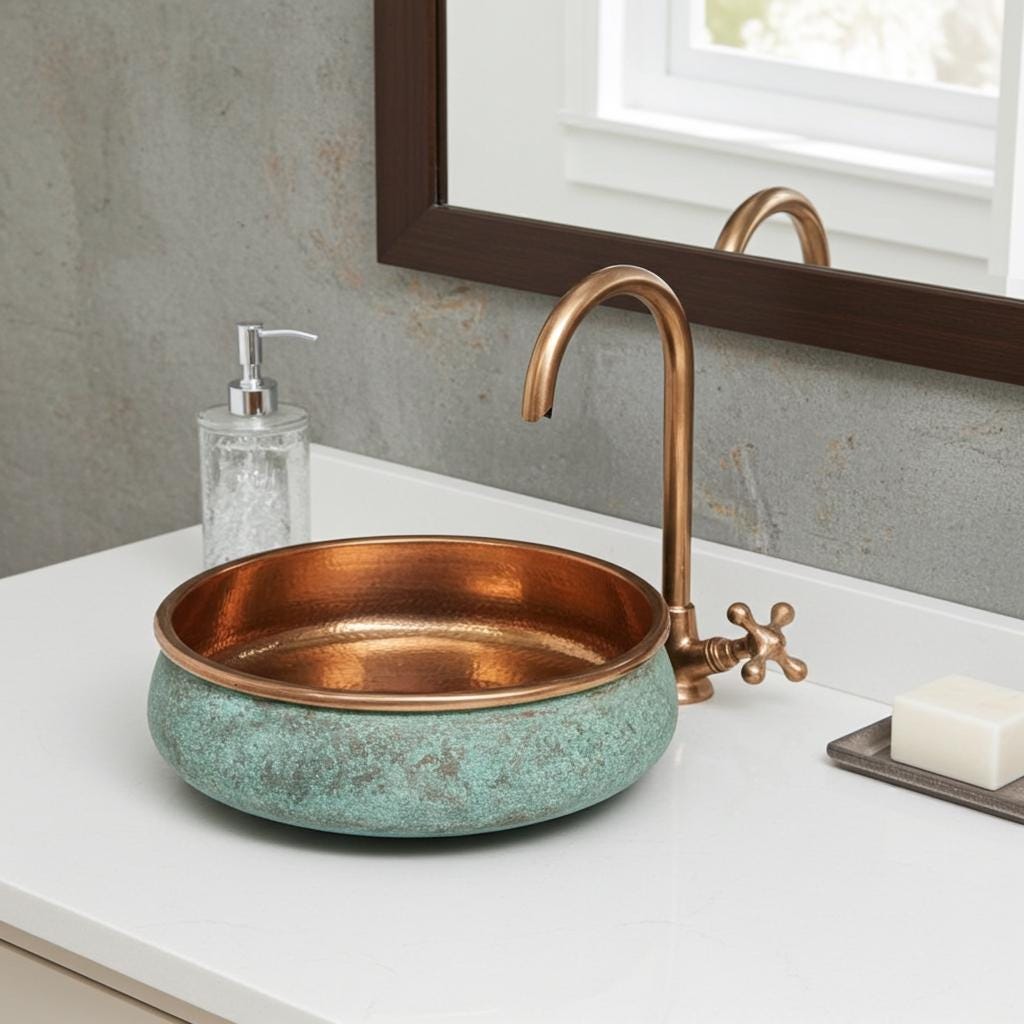 Handcrafted Green Patina Copper Vessel Sink : Round Hammered Bathroom Basin for Vanity