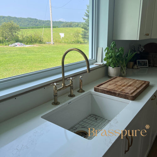 Aged Brass Kitchen Faucet, Antique Brass Kitchen Faucet, Bridge Faucet, Sprayer and Sink Drain