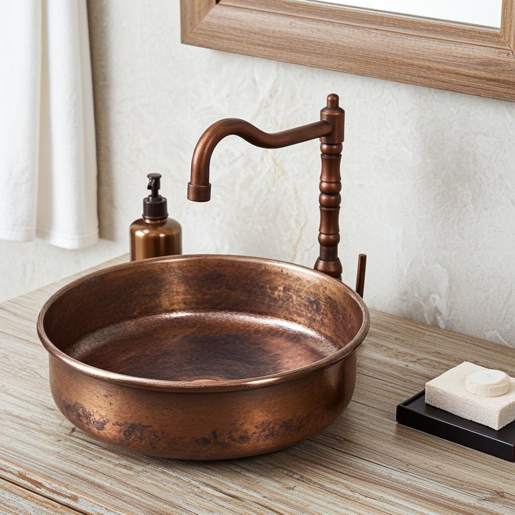 Farmhouse Copper Bathroom Sink – Handmade Hammered Vessel Basin, Rustic Dark Brown Countertop Washbowl