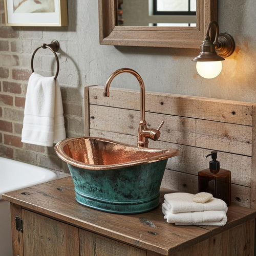 Aged Copper Vessel Sink – Oxidized Green Patina Tub Style Bathroom Basin