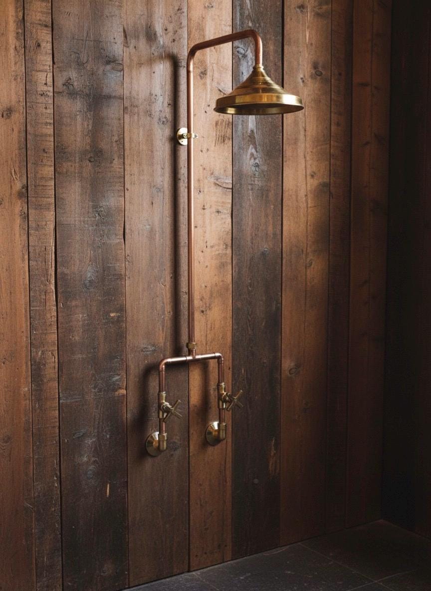 Copper Outdoor Shower with Brass Rainfall Head, Rustic Farmhouse Garden Fixture, Industrial Poolside Shower
