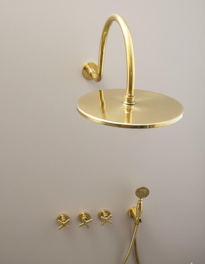 Unlacquered Solid Brass Shower System, Curved Shower Head Set, Solid Brass Shower Set, 8" Shower Head and Shower Hand
