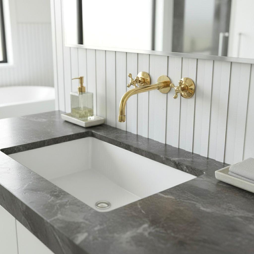 Wall-Mounted Brass Faucet Bathroom Fixture, White Panel Vanity