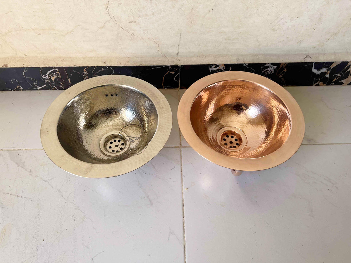 Round Hammered Copper & Chrome Sink, Handmade Brass Vessel Basin for Bathroom or Outdoor Kitchen, Copper Sink Available 