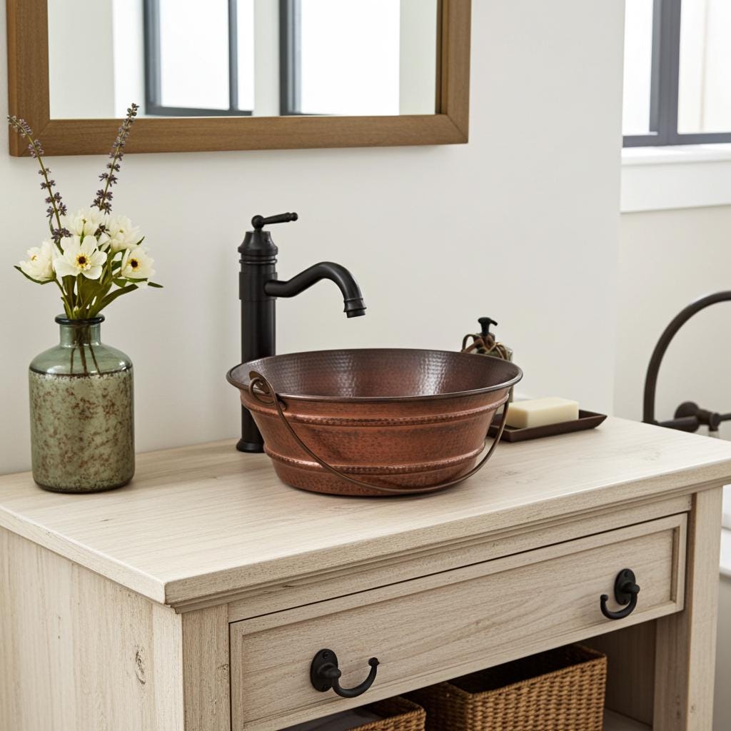 Hammered Copper Sink – Round Countertop Bathroom Basin with Handle, Rustic Farmhouse Vessel