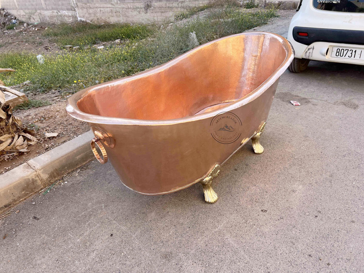 Handmade Solid Copper Bathtub with Brass Claw Feet, Freestanding Hammered Copper Tub, Luxury Indoor & Outdoor Spa Bath, 