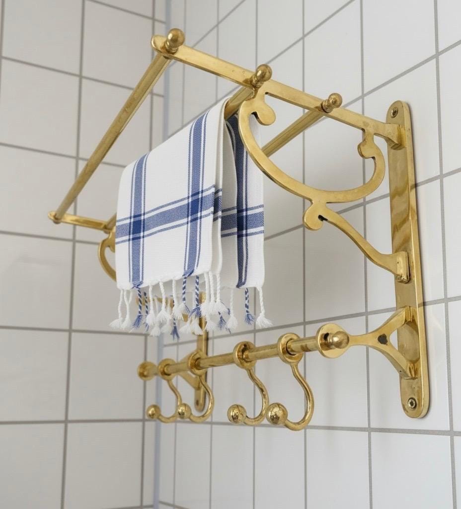 Unlacquered Brass Towel Rack with Shelf & Hooks