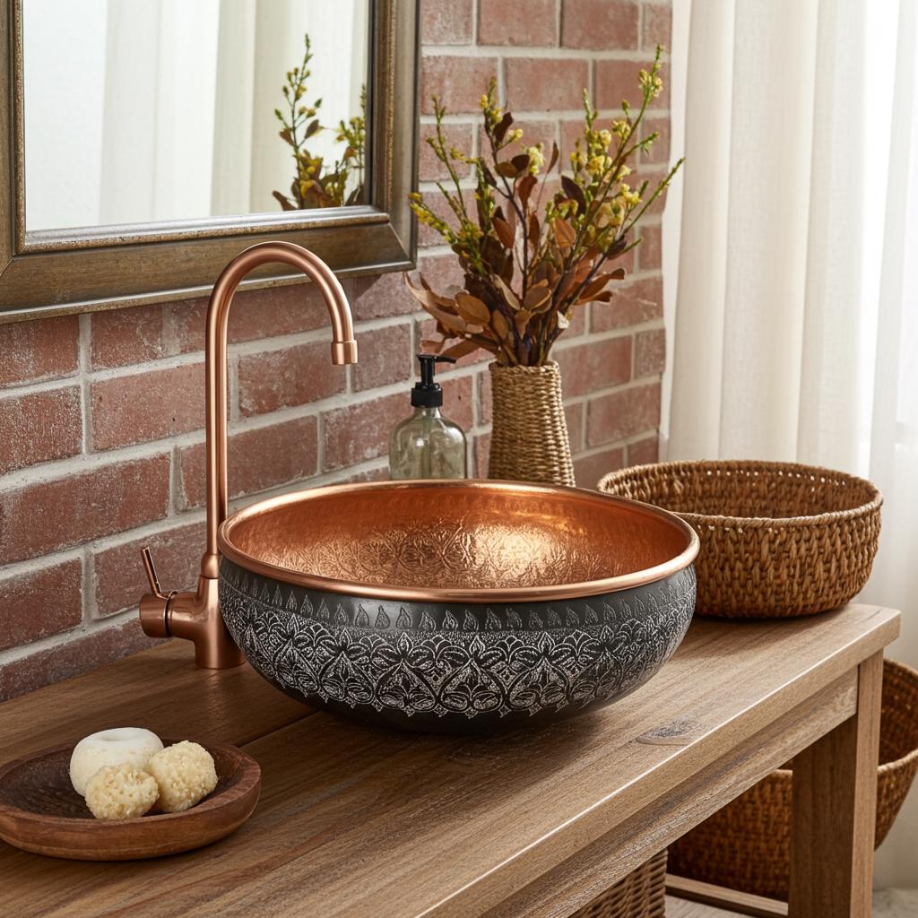 Hand Engraved Copper Vessel Sink : Black Bathroom Basin with Rustic Hammered Interior