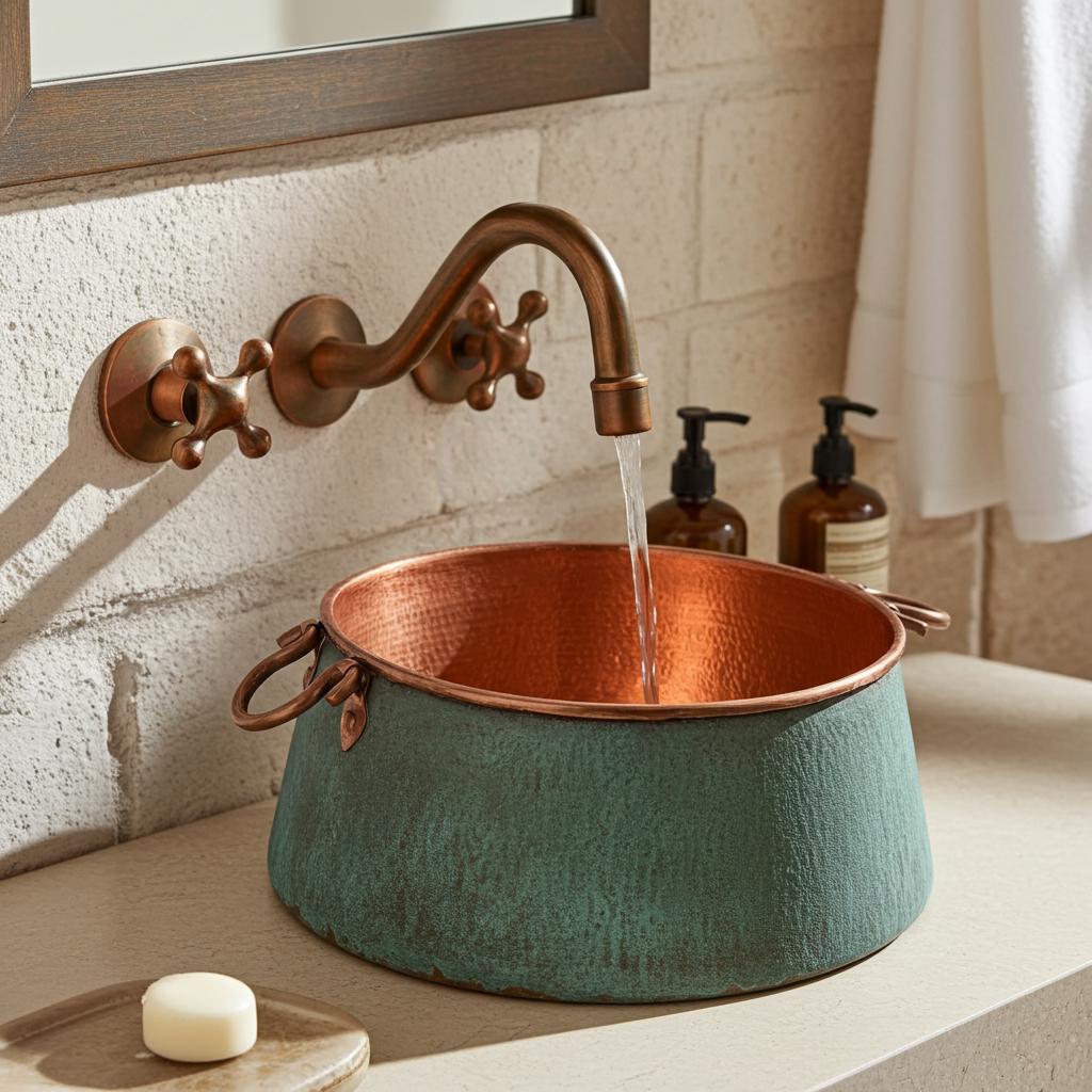 Rustic Copper Vessel Sink with Green Patina : Handcrafted Round Bathroom Bucket Basin with Handles
