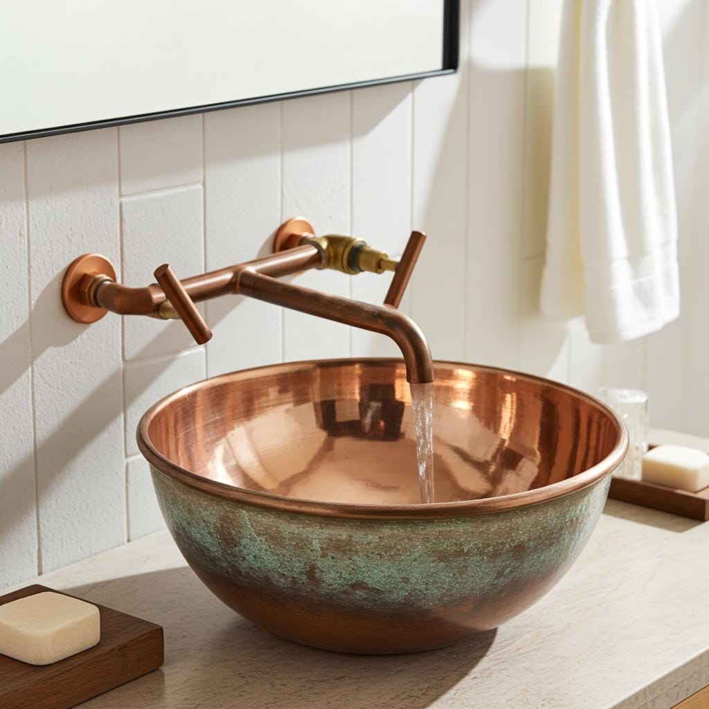 Green Patina Copper Vessel Sink : Oxidized Bathroom Bowl, Rustic Vanity Basin