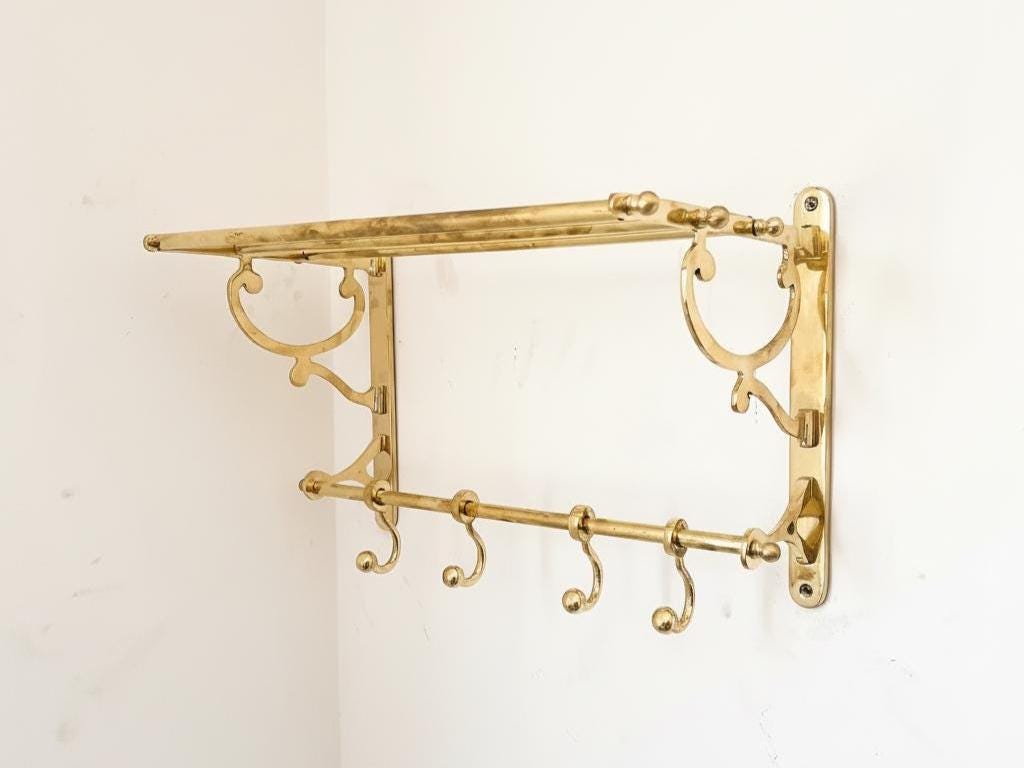 Unlacquered Brass Towel Rack with Shelf and Hooks