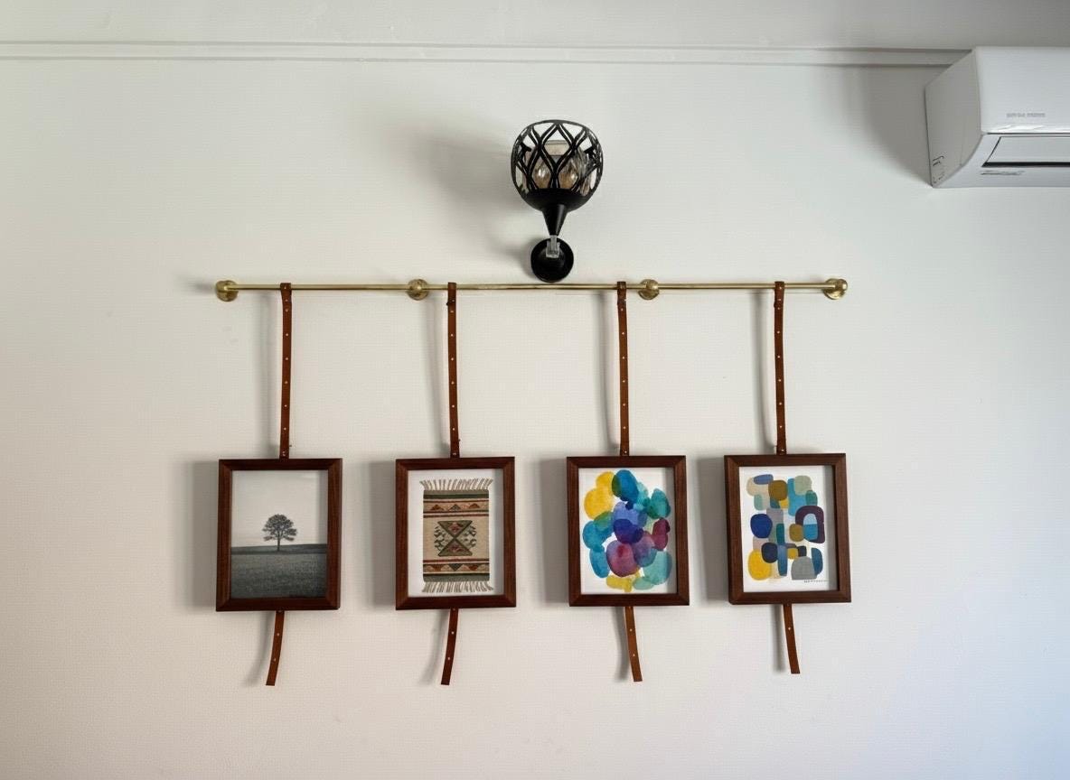Unlacquered Brass Picture Hanging Rod with Leather Straps, Modern Gallery System