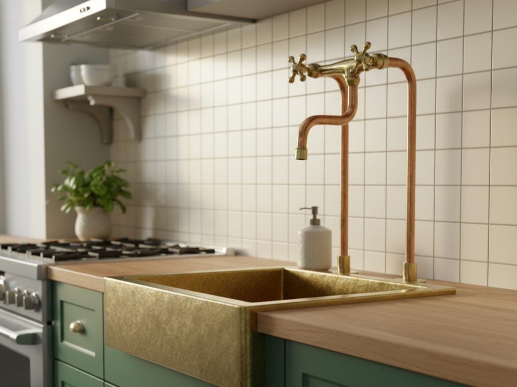 Unlacquered Brass and Solid Copper Antique Kitchen Faucet With long legs and Simple Cross Handles